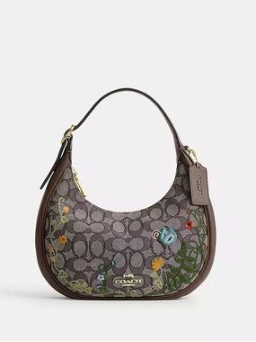 New Coach Brown Floral Emily Shoulder Bag with Signature Jacquard
